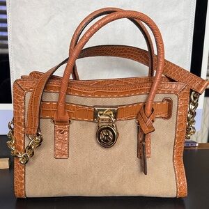 Michael Kors Tan and Brown Hamilton Satchel with Gold Accents